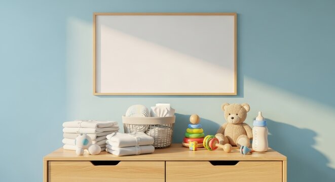 nursery changing table with baby essentials including teddy bear and toys in a child's room