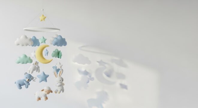 Cute and whimsical children's mobile featuring plush animals and celestial shapes hanging from a