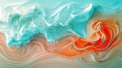 Abstract flowing liquid with swirling patterns in turquoise and orange, featuring small bubbles.