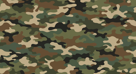 Woodland camouflage vector pattern with earth tones and flat design, Classic military style camo background in green, brown, and black, Woodland camouflage wallpaper © MR.DEEN
