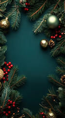 A beautiful christmas background featuring ornaments, pine needles, and berries.