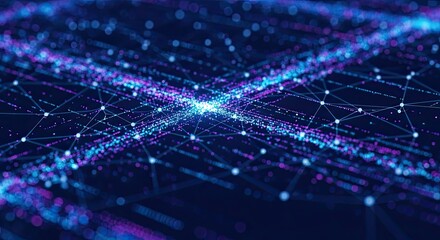 Abstract Digital Network Connection with Glowing Blue and Purple Light Trails.
