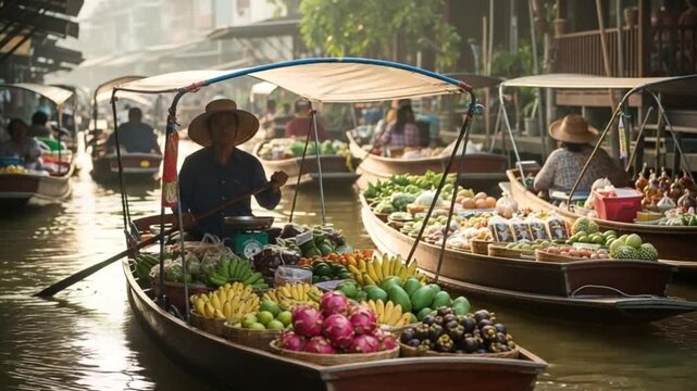 Vibrant Floating Market Scene with Fruit Vendors in Thailand.