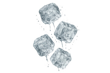 Fototapeta premium Melting ice cubes falling with water droplets, showing refreshment, cooling, and chilling liquid transparent background