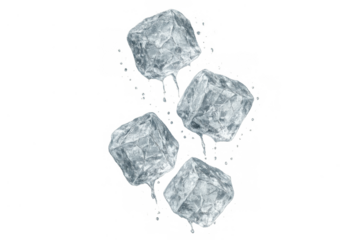 Melting ice cubes falling with water droplets, showing refreshment, cooling, and chilling liquid transparent background