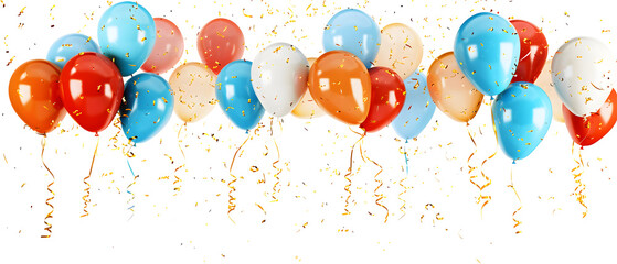 Vibrant balloons with confetti on white create celebratory backdrop, ideal for party invitations, posters, or festive branding.