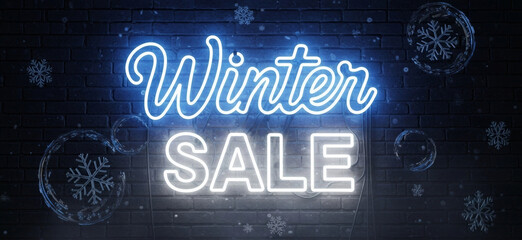 Winter Sale sign text in illuminated neon letters, set against a dark brick wall background with frosty snowflakes and cold steam for a seasonal promotion banner and cover