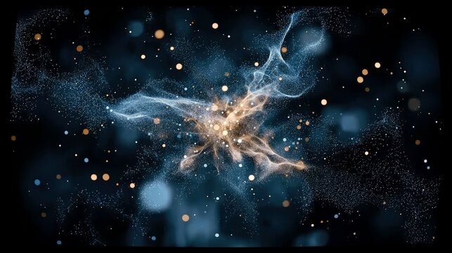 A dynamic cloud of glowing blue and gold particles swirls in the darkness of space, resembling a nebula or cosmic dust formation.