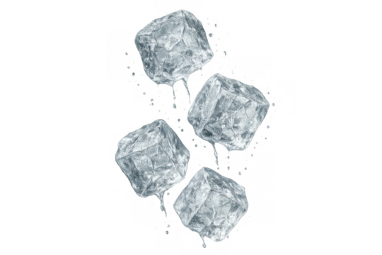 Melting ice cubes falling with water droplets, showing refreshment, cooling, and chilling liquid transparent background