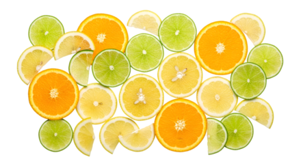 A vibrant assortment of sliced citrus fruits, including oranges, limes, and lemons, isolated on a transparent background