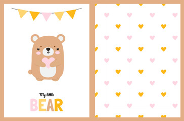 Set with a card featuring a cute bear for a newborn and a pattern with hearts