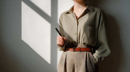 a person leans against a white wall in natural light with pen in hand