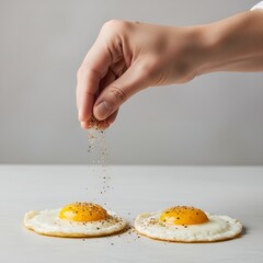 Chef’s hand sprinkling Everything seasoning on sunny-side-up eggs