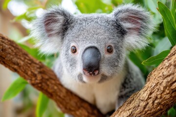 Obraz premium Close-Up Portrait Of A Cute Koala On A Tree Branch With Green Leaves In The Background Wildlife Photography And Conservation Concept