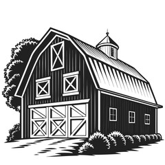 Monochromatic barn illustration shows agriculture theme with rural building, and tree in grayscale