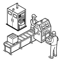 Two workers are processing boxes with a conveyor belt and a machine outlines on white