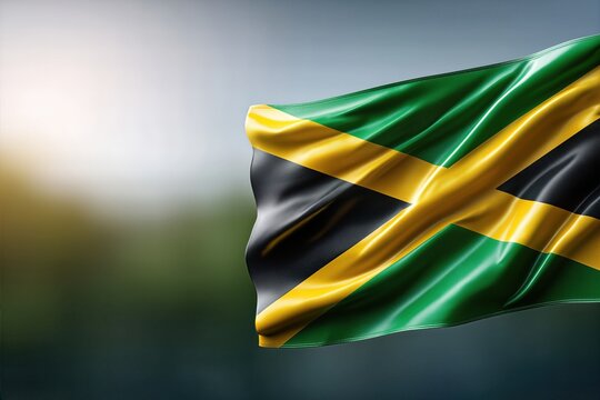 Waving Jamaica Flag Outdoors With Motion Blur. Vibrant Green Yellow Black Design For Travel, Culture, Sports And National Pride Use