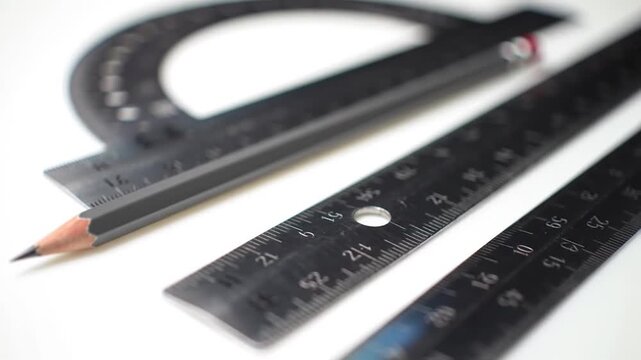 A sequence showing a pencil, ruler, and protractor in a study or design setting