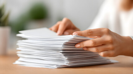 a close-up shot of a person handling a stack of envelopes, possibly sorting or organizing them