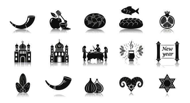 Rosh Hashanah Symbols and Traditions Icon Set Black and White Illustration for Jewish New Year Design.svg - Powered by Adobe