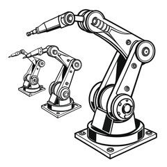 Three isolated industrial robotic arms stand prominently in a black and white line art