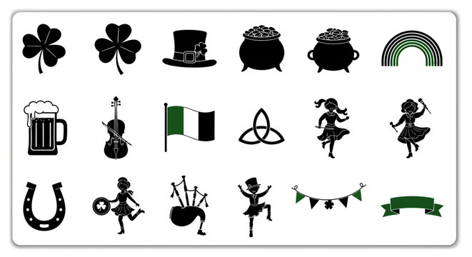 St Patrick's Day Icons Set Shamrocks Pot Gold Rainbow Beer Mug Violin Irish Flag Dancers Bagpipes Banner.svg