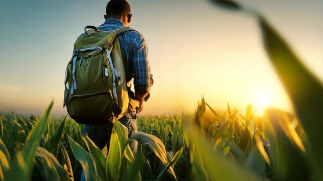 Sunset view in a cornfield with a person standing and enjoying the landscape after a day of exploration