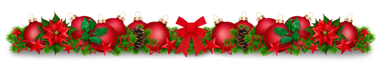 Red Christmas decoration with balls, winter rose and fir with shadow isolated on transparent background PNG cut out