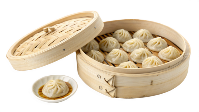 Steamed dumplings in a bamboo steamer basket with a small dish of dipping sauce, isolated on transparent background