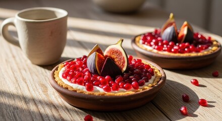 Two individual tarts topped with fresh pomegranate seeds and fig halves, served on a rustic wooden table with a cup of coffee, evoking a sense of artisanal baking and delightful morning indulgence
