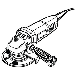 Black and white shows a power angle grinder tool in detail