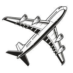 Airplane flies with multiple engines in black and white outline drawing for travel concepts