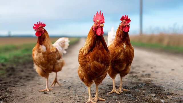 Three chickens walking along a dirt road on a cloudy day in the countryside