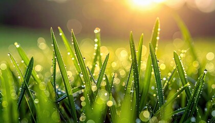 Dew drops on fresh green grass blades catch the morning sunlight, creating a sparkling and vibrant natural scene.
