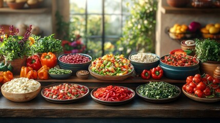 Fresh veggies and artisanal salads brighten a sunlit kitchen, celebrating health and culinary art