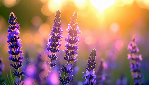 A field of purple lavender flowers bathed in warm golden sunlight, creating a soft and dreamy bokeh effect in the background.