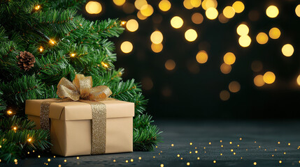 Wrapped gift gives joyous, festive vibe near christmas tree