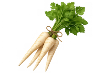 Fresh parsnip roots with green leaves tied together, concept of healthy eating and fresh produce