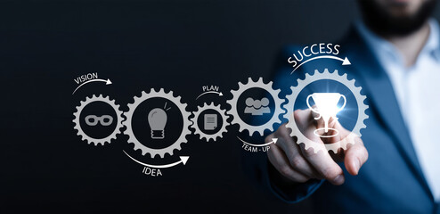 Businessman touching a digital cogwheel chain displaying the business process from vision and idea to planning, teamwork, and ultimately achieving success and a trophy.