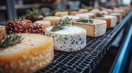 Artisan cheeses beautifully displayed at a farmers market, enticing food lovers with diverse textures and flavors