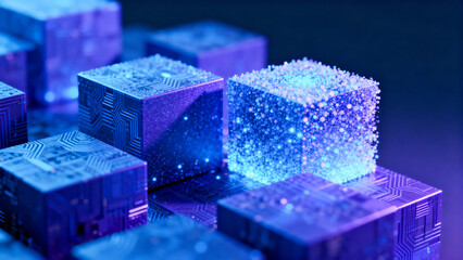 Futuristic digital cubes with glowing particle effects in blue light.
