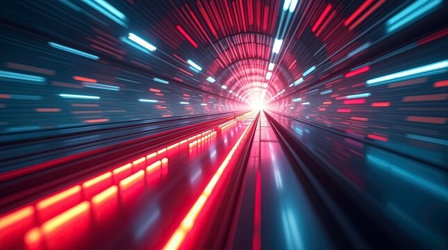 A glowing red arrow moving upward through a futuristic digital tunnel with dynamic motion blur light