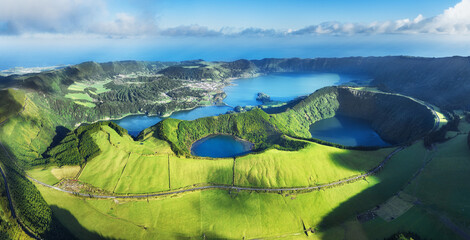 Sunrise from drone viewpoint Boca do Inferno, Hiking Panorama, Vulcanic Lake in the Background, Sao Miguel Island, Azores, Portugal