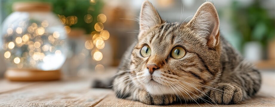 A close-up of a tabby cat relaxing indoors, showcasing its playful curiosity and vibrant eyes amidst a cozy setting.