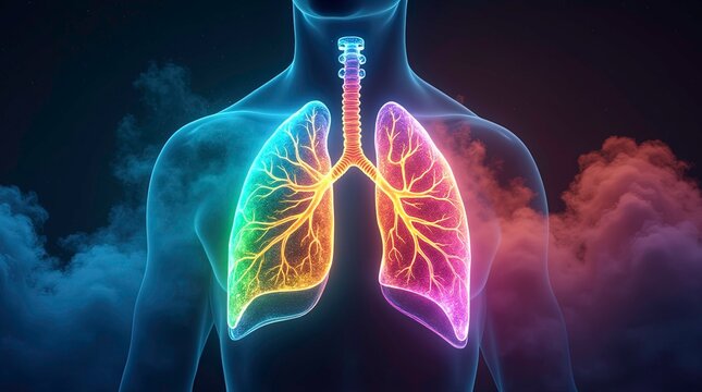 Digital illustration of human semi-transparent, showing internal structures and veins with light lungs glowing blending shades rainbow colors, smoke.