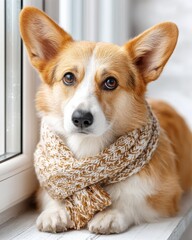 A cute corgi dog wearing a cozy scarf, sitting by the window, showcasing a warm and adorable winter vibe.
