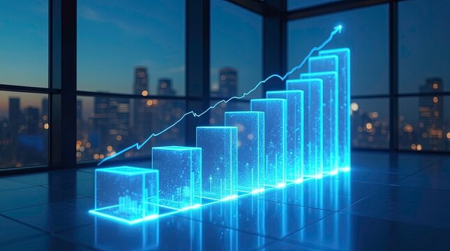 Growth and financial success foam of glowing holographic bar charts and rising graph lines arranged  ascending steps inside a modern office with glass windows overlooking a blurred night city skyline.