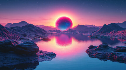 Glowing sphere on planet reflects in water, radiating otherworldly beauty