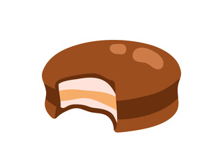 Chocolate cookie, biscuit with cream filling. Sweet dessert coated with choco. Yummy snack, sugar treat, pastry, layered soft patisserie. Flat vector illustration isolated on white background