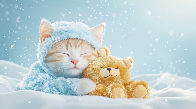 Cute kitten sleeps peacefully with toy in blue costume on snowy day